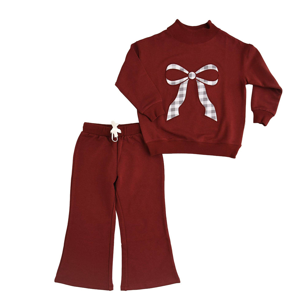 Maroon MOCKNECK FLARE SWEATSUIT Gingham Bow Kids Set