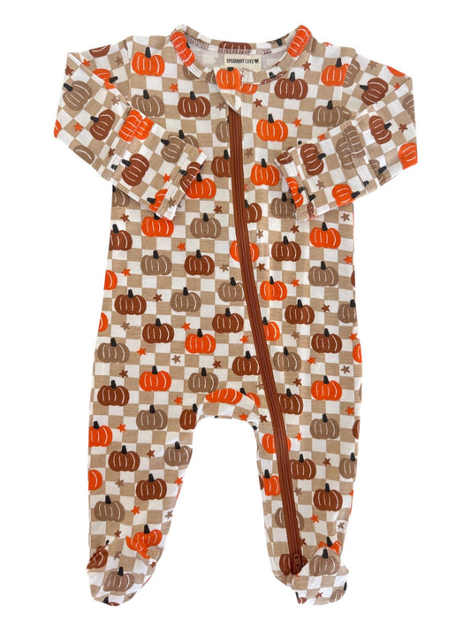 2-Way Zip Footie, Pumpkin Checkerboard