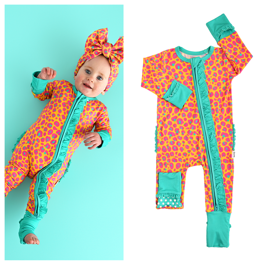 Kelly Leopard RUFFLE ZIP Bamboo One Piece Baby Outfit