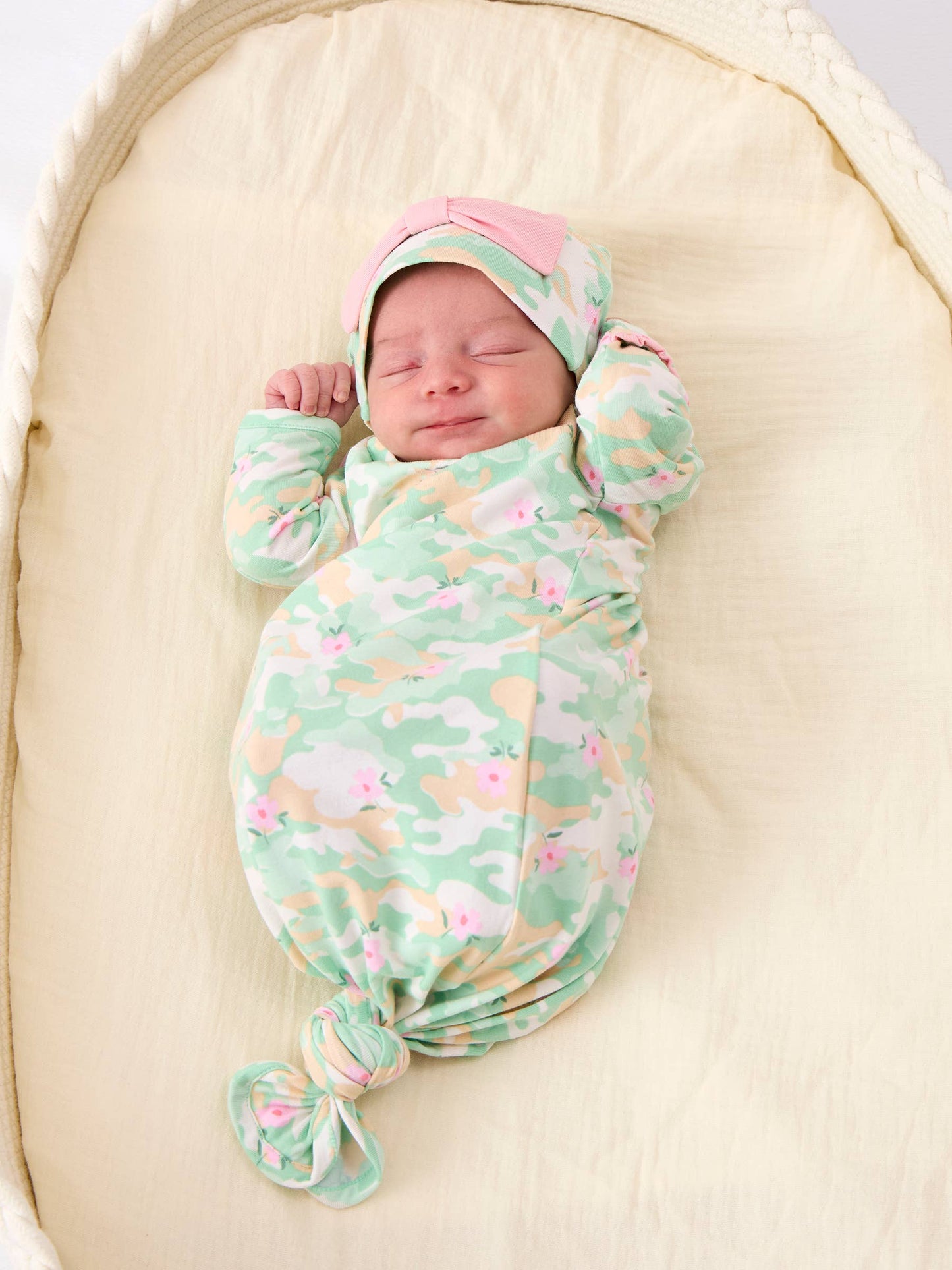 SoftSnooze™ Baby Girls Cotton Modal Sage Blossom Camo Ruffle Knotted Sleep Gown & Bow Hat Set