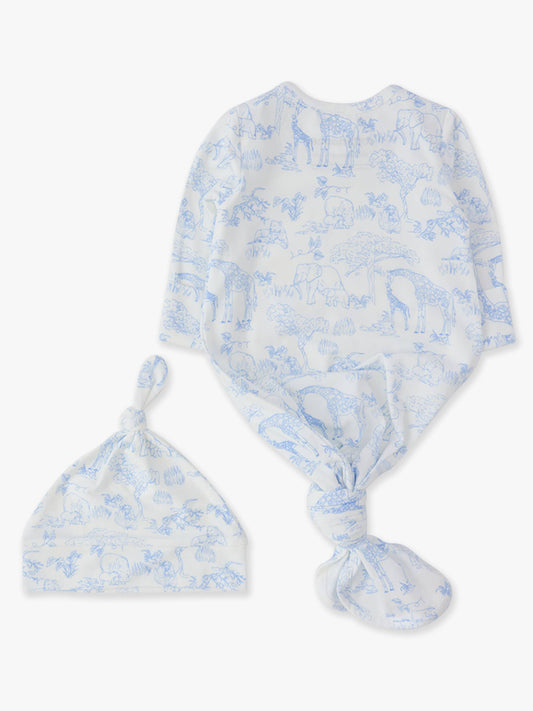 SoftSnooze™ Baby Cotton Modal Periwinkle Blue Safari Toile Knotted Sleep Gown & Hat Set