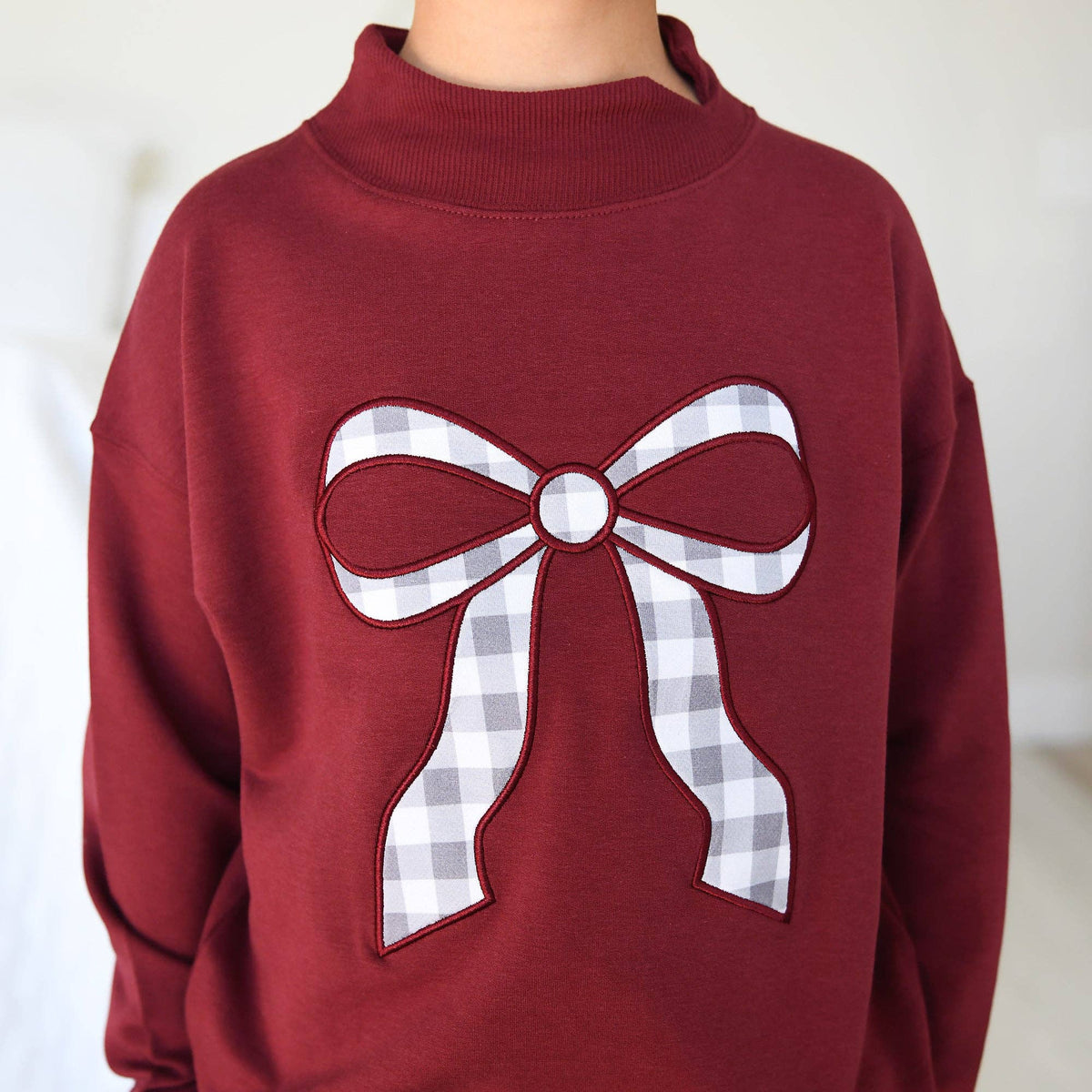 Maroon MOCKNECK FLARE SWEATSUIT Gingham Bow Kids Set