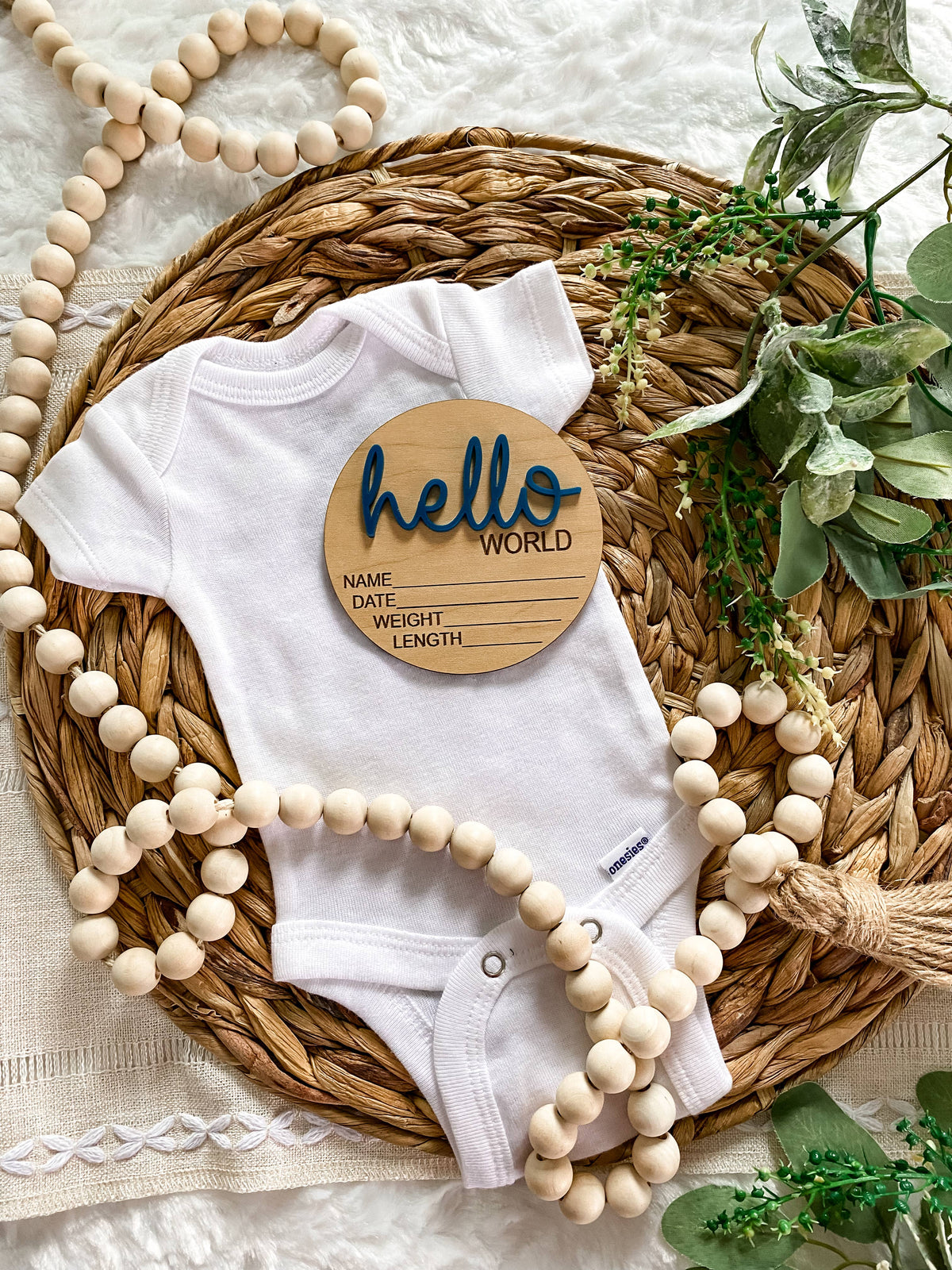 Hello World Birth Stat Announcement Wood Disc - Layered 3D