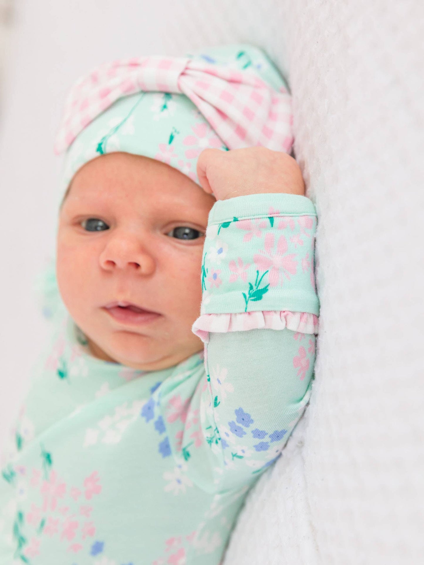 SoftSnooze™ Baby Girls Bamboo Viscose Mint Meadow Ruffle Knotted Sleep Gown & Bow Hat Set