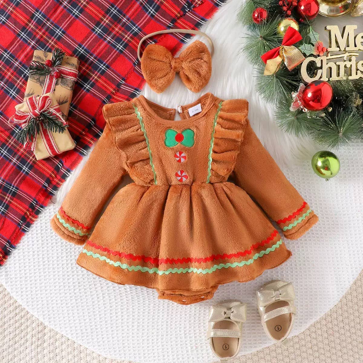 Brown Cute Festive Baby Girl Dress and Headband