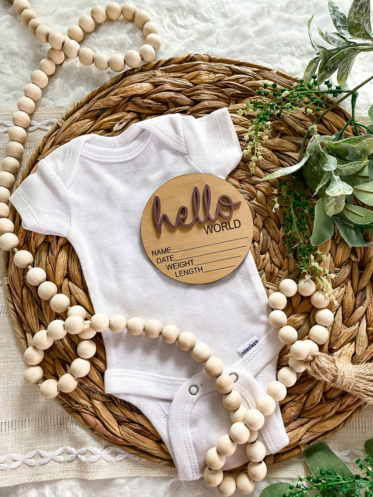 Hello World Birth Stat Announcement Wood Disc - Layered 3D