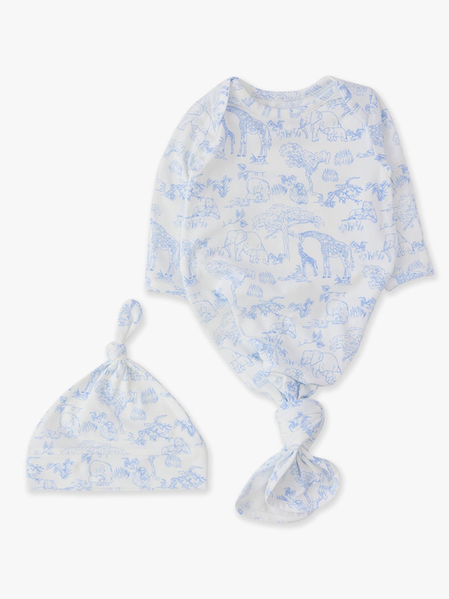 SoftSnooze™ Baby Cotton Modal Periwinkle Blue Safari Toile Knotted Sleep Gown & Hat Set