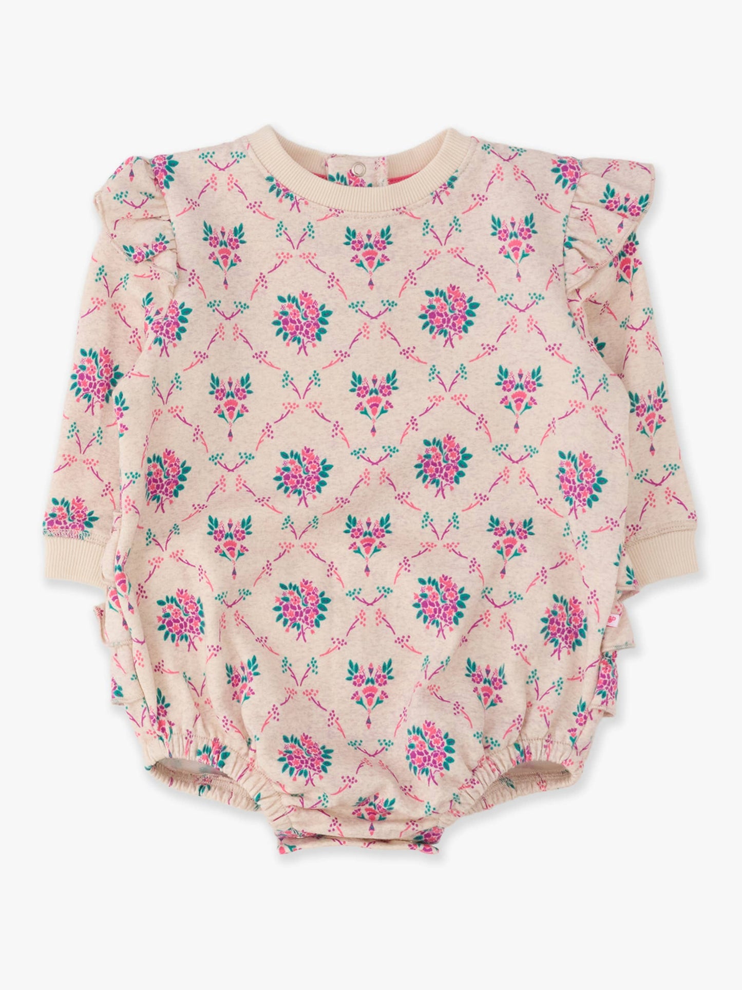 Baby Girls Heather Oatmeal Bouquets Sweatshirt Bubble Romper with Signature Rear Ruffles
