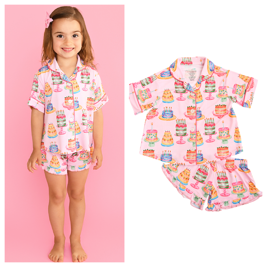 Birthday RUFFLE LOUNGE SHORT SET Bamboo Cake Print Outfit