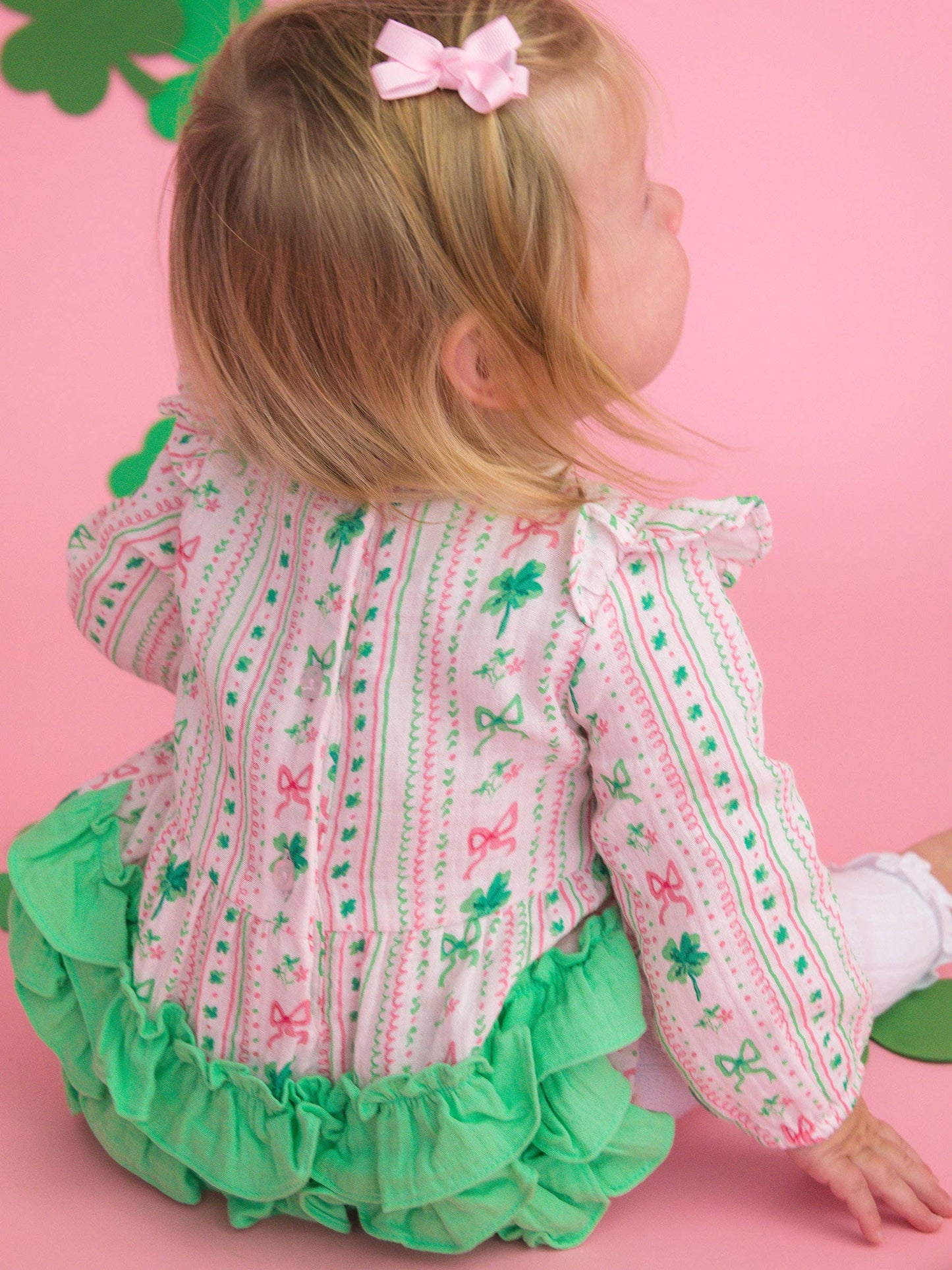 Baby Girls Clover Bows & Wishes Cotton Gauze Long Sleeve Flutter Bubble Romper