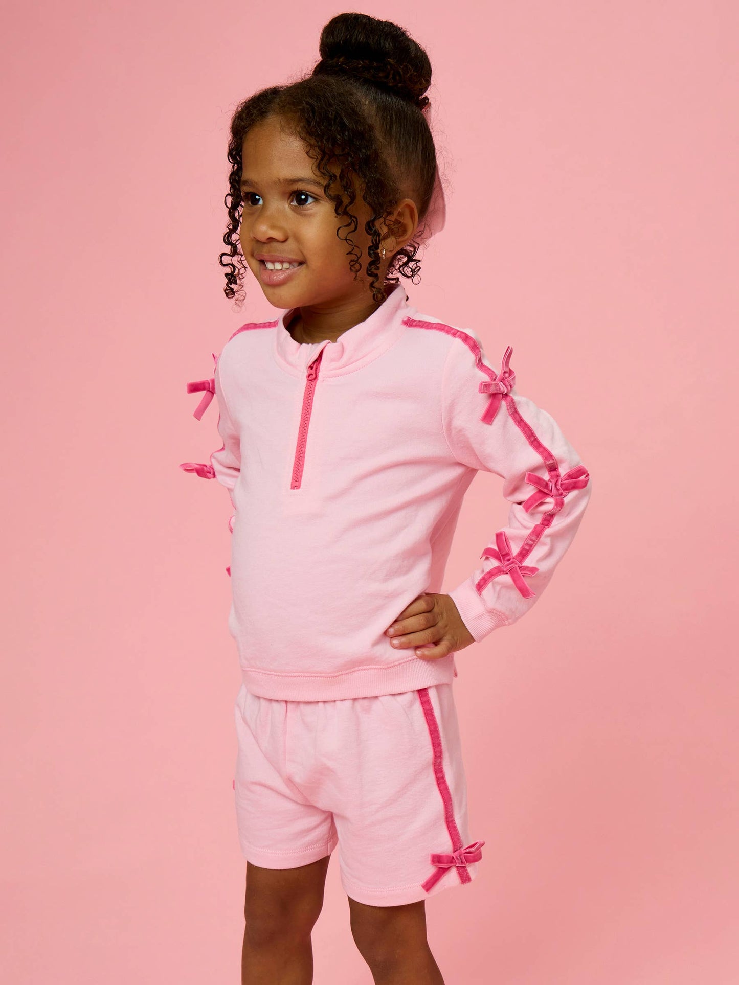 Girls Pink Fleece Bow Quarter Zip & Shorts Set