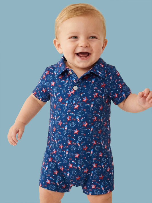 Baby Boys Red White & Boom Fireworks Performance Polo Romper