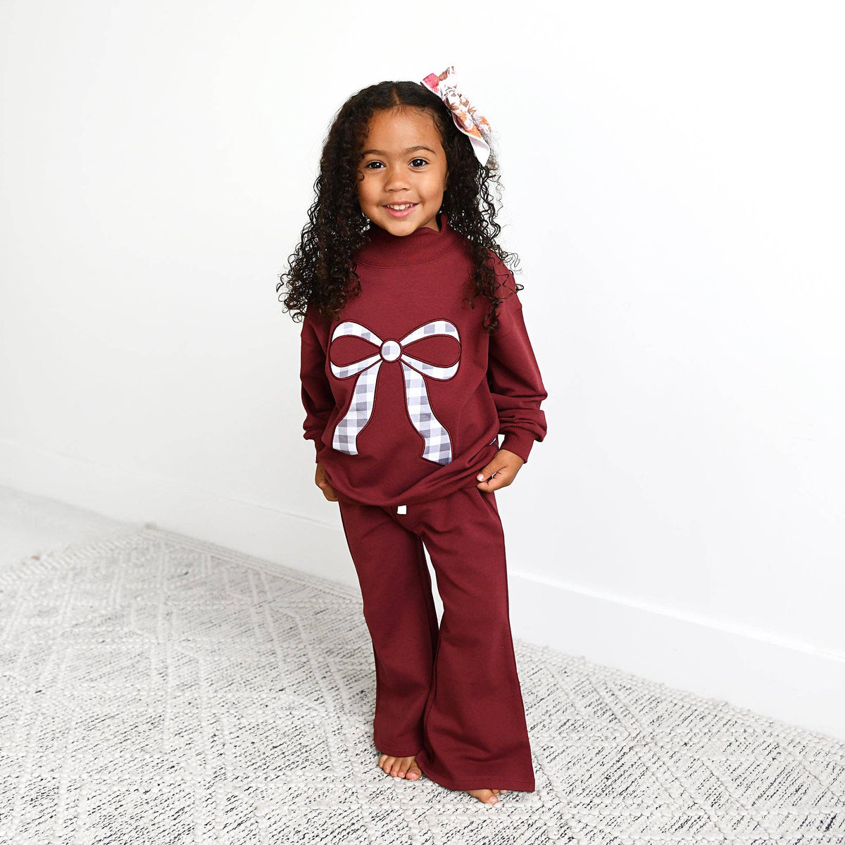 Maroon MOCKNECK FLARE SWEATSUIT Gingham Bow Kids Set