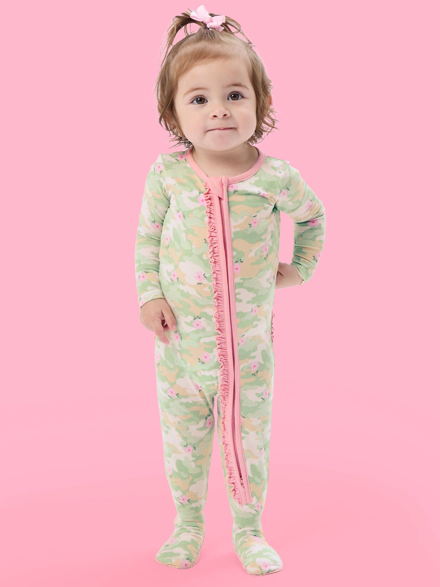 SoftSnooze™ Baby Girls Cotton Modal Sage Blossom Camo Footed Ruffle One Piece Pajama