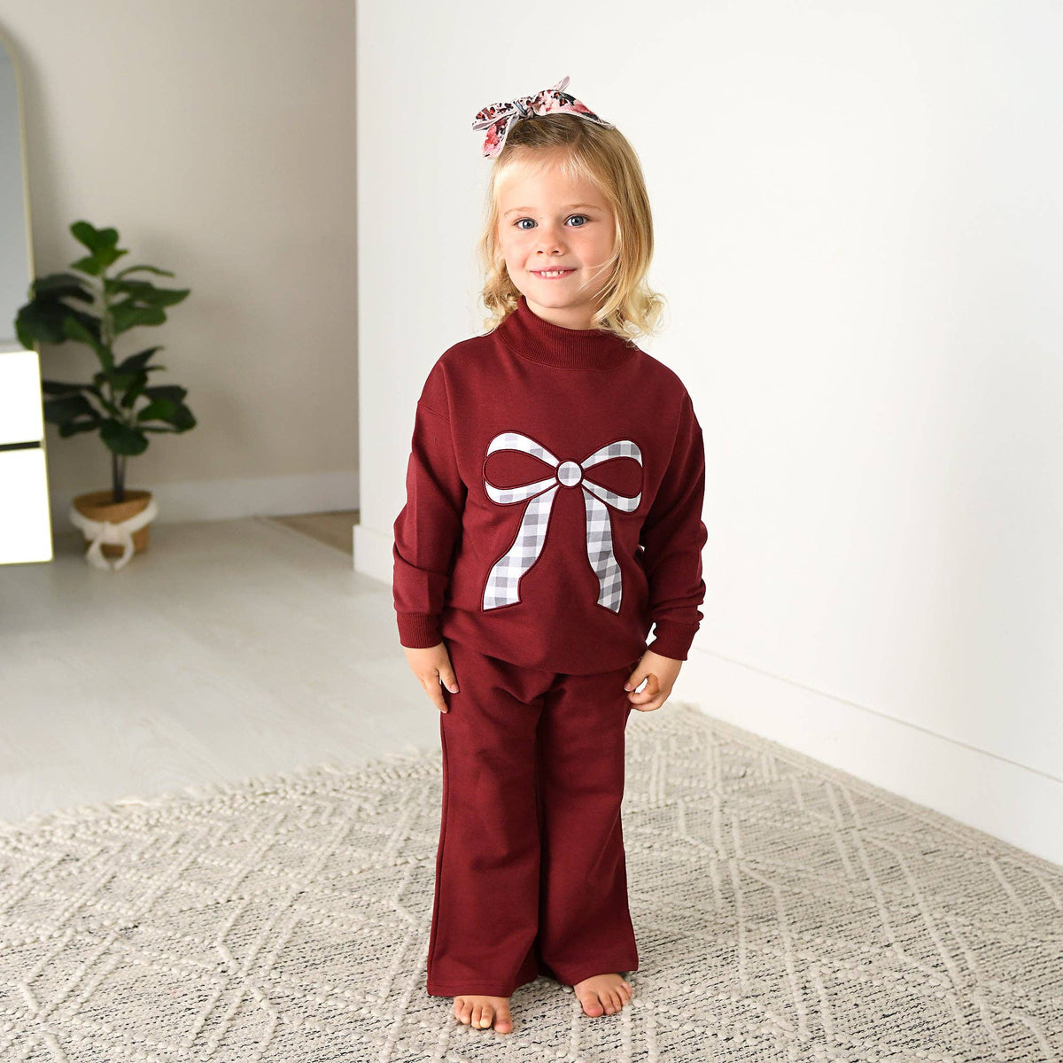 Maroon MOCKNECK FLARE SWEATSUIT Gingham Bow Kids Set