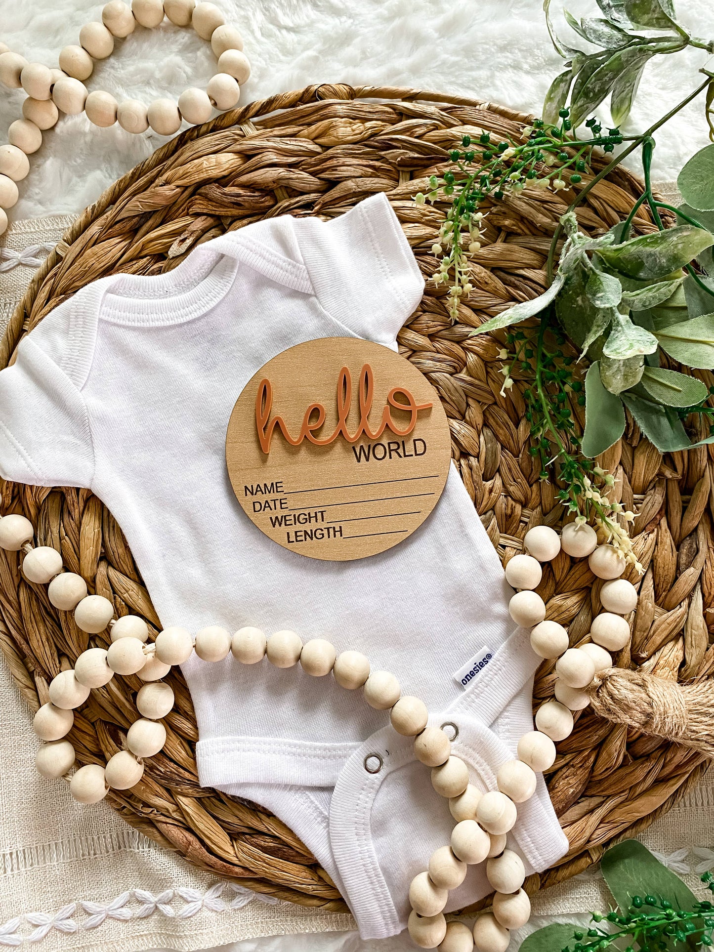 Hello World Birth Stat Announcement Wood Disc - Layered 3D