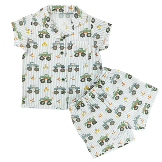 Monster Truck Bamboo Short Button Up Set