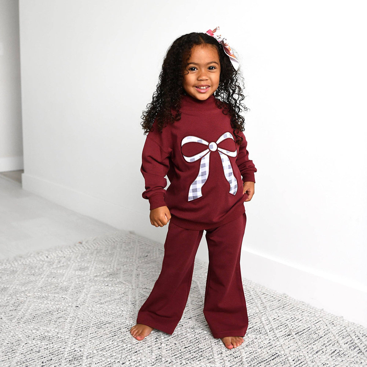 Maroon MOCKNECK FLARE SWEATSUIT Gingham Bow Kids Set