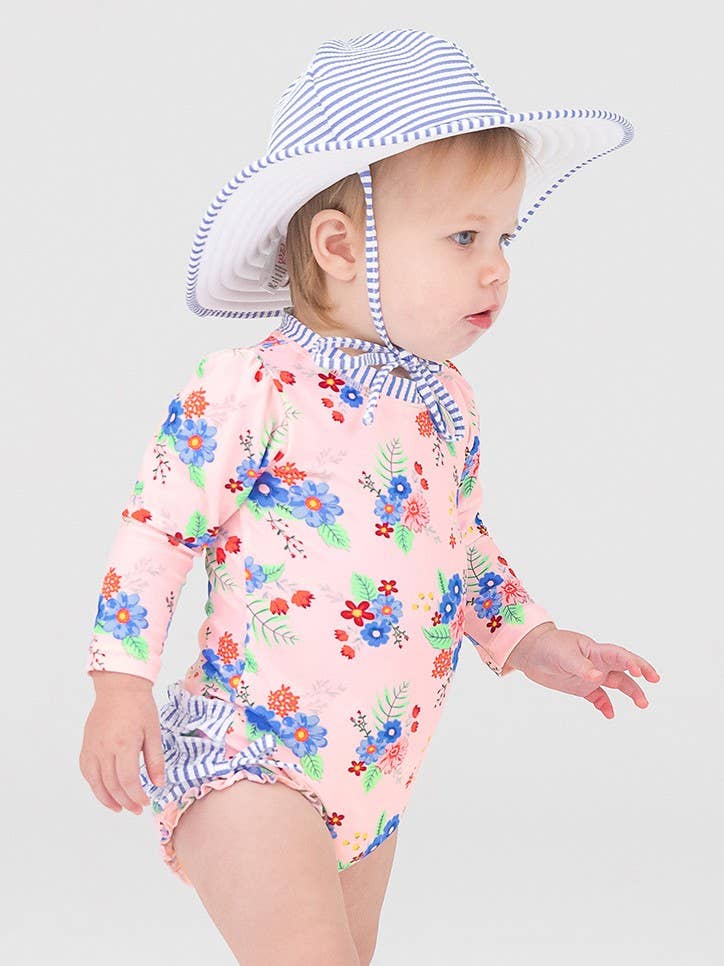 Baby Girls Coastal Breeze Floral Long Sleeve One Piece Rash Guard Swimsuit with Signature Rear Ruffles