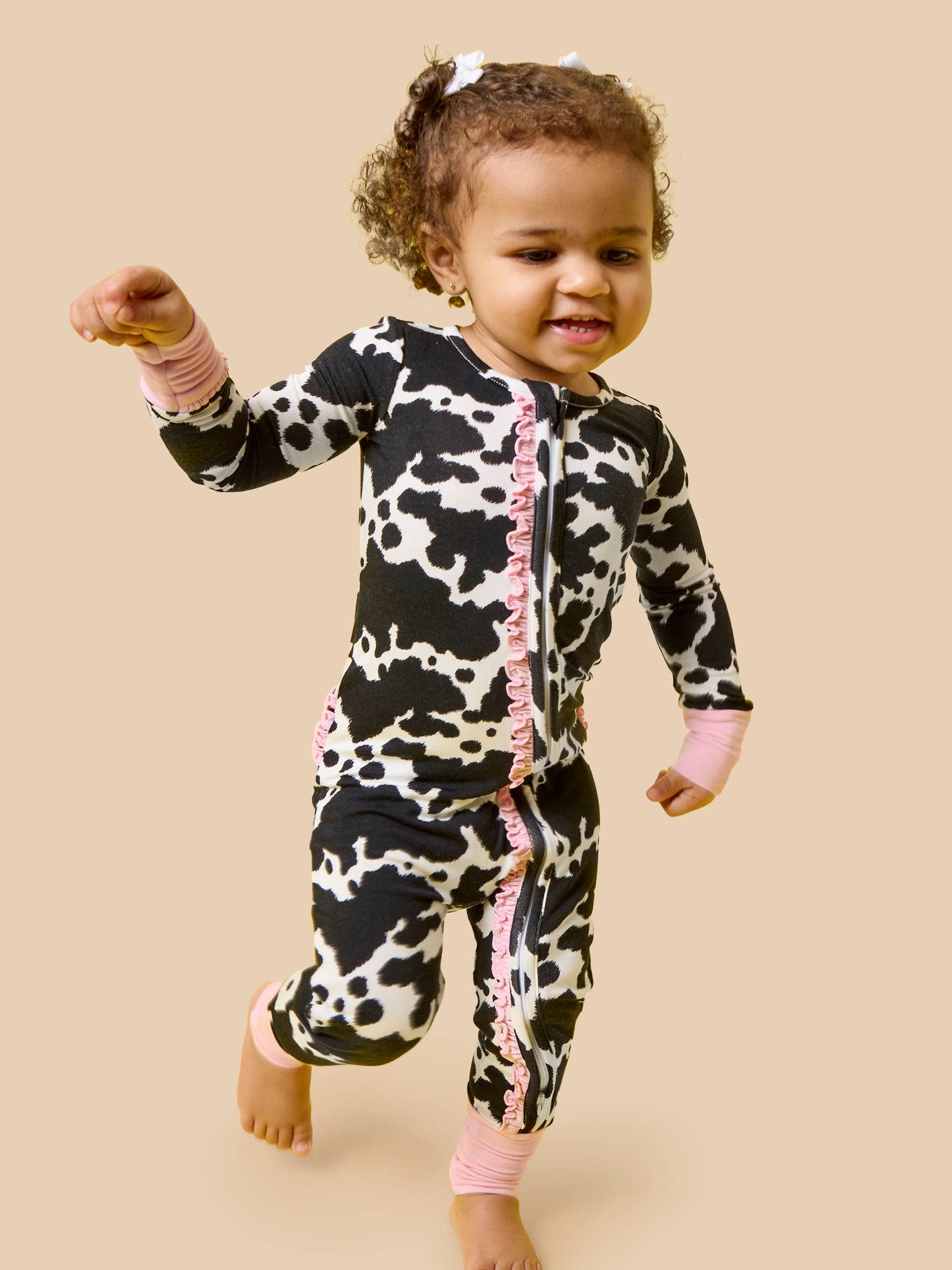 SoftSnooze™ Baby Girls Bamboo Viscose Moo Crew Convertible Ruffle One Piece Footie Pajama
