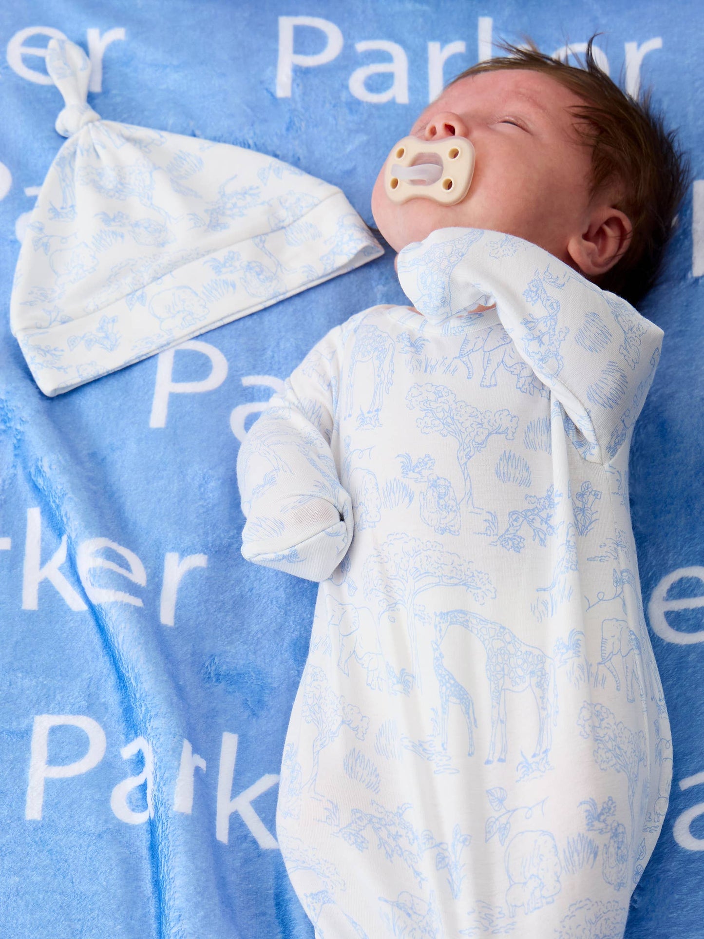 SoftSnooze™ Baby Cotton Modal Periwinkle Blue Safari Toile Knotted Sleep Gown & Hat Set
