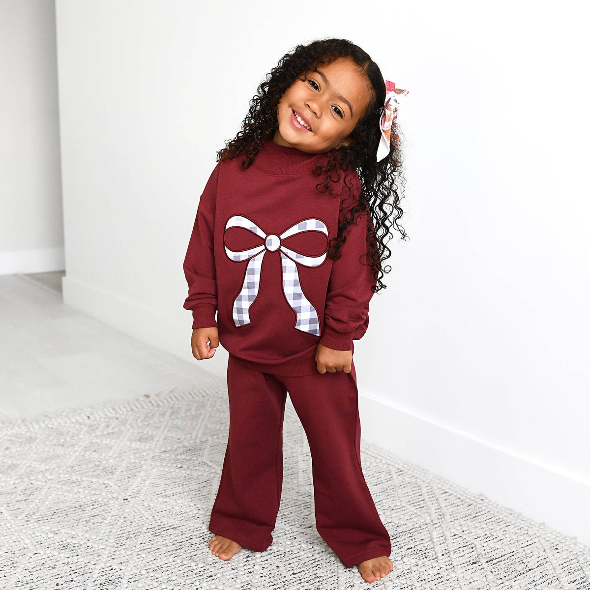 Maroon MOCKNECK FLARE SWEATSUIT Gingham Bow Kids Set