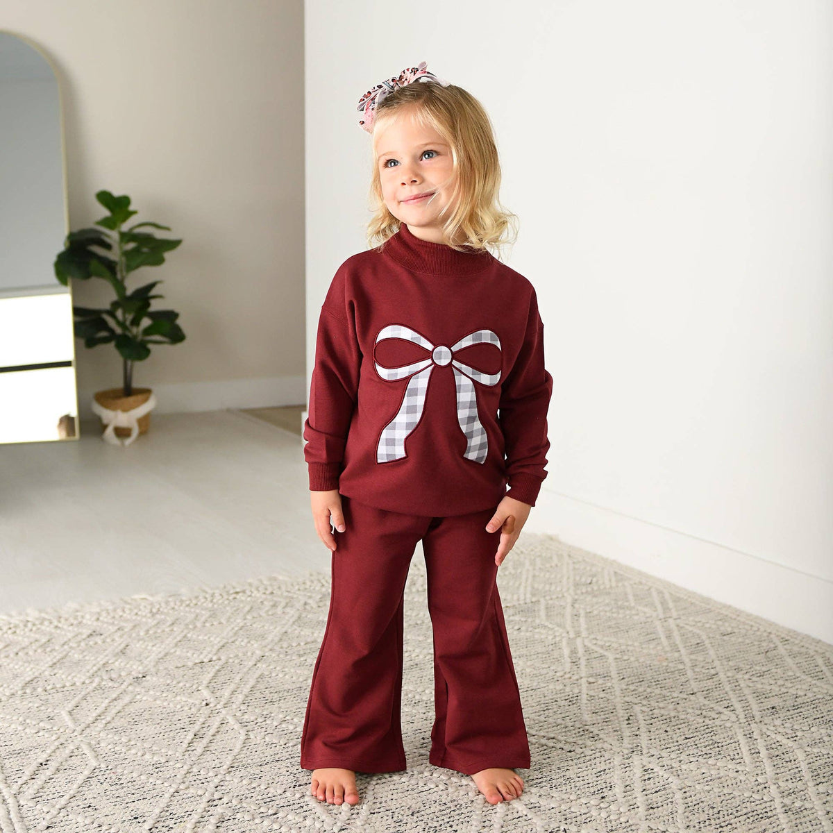 Maroon MOCKNECK FLARE SWEATSUIT Gingham Bow Kids Set