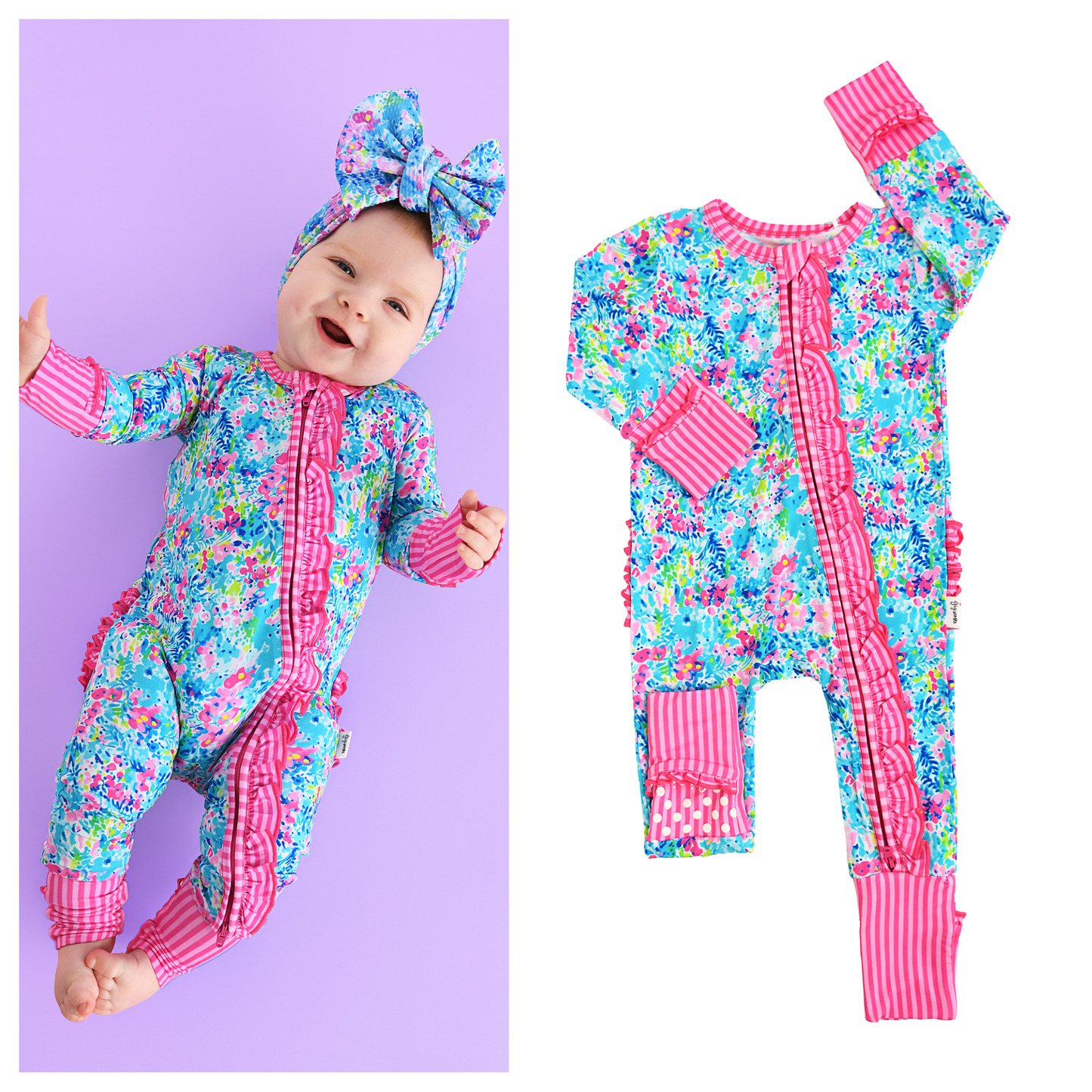 Ella RUFFLE ZIP Bamboo One Piece Floral Baby Outfit