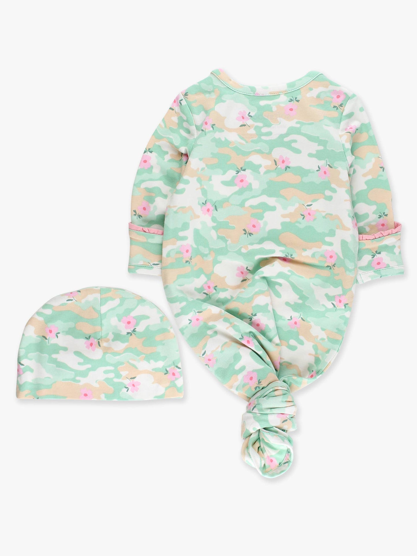 SoftSnooze™ Baby Girls Cotton Modal Sage Blossom Camo Ruffle Knotted Sleep Gown & Bow Hat Set