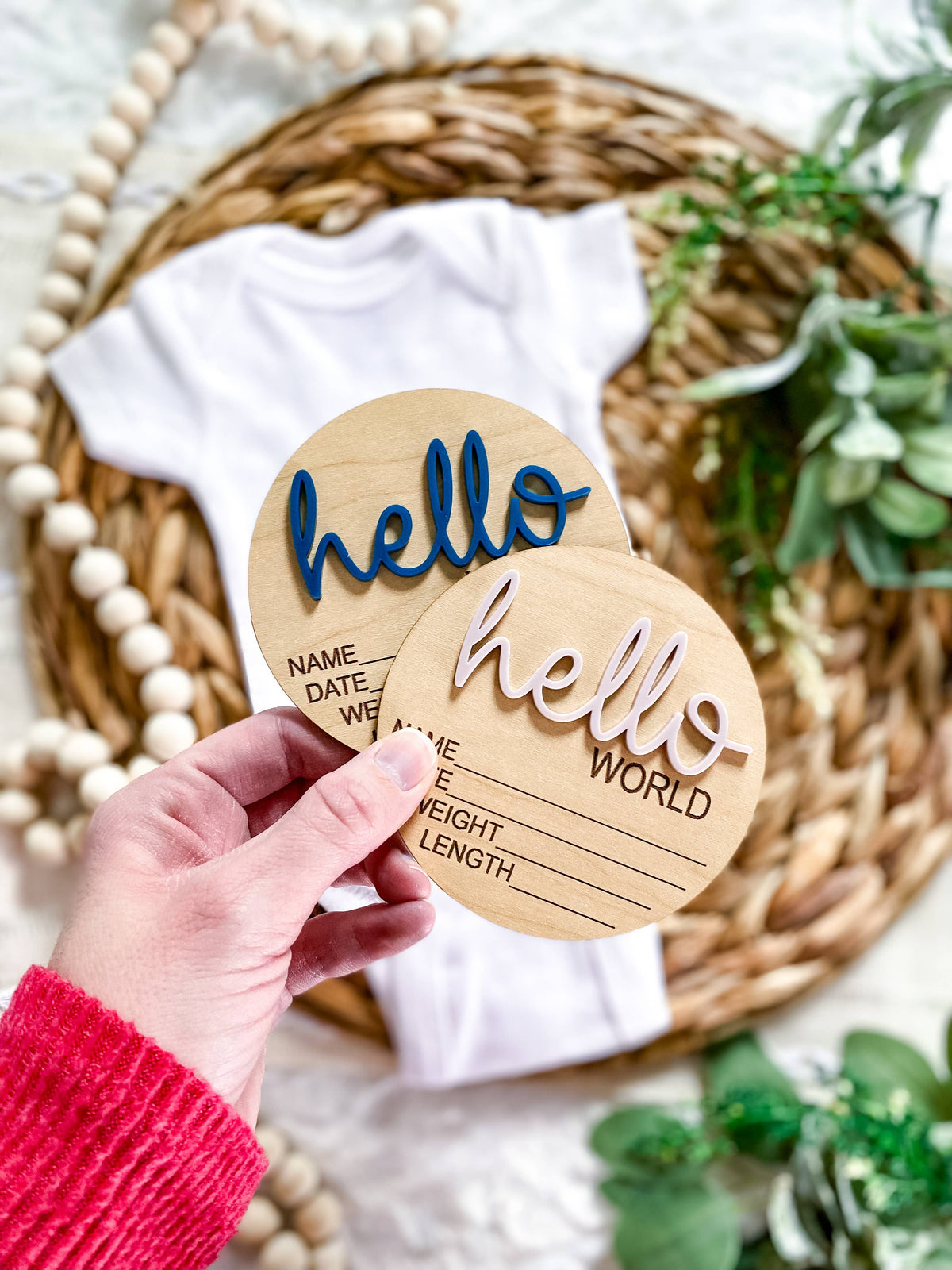 Hello World Birth Stat Announcement Wood Disc - Layered 3D