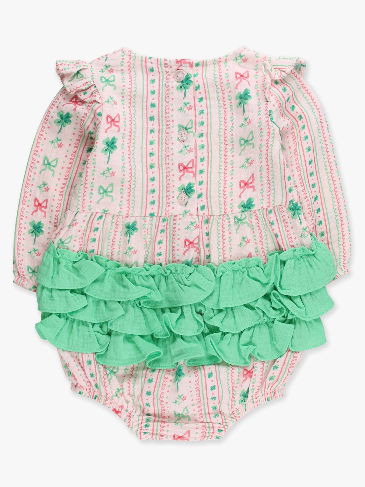 Baby Girls Clover Bows & Wishes Cotton Gauze Long Sleeve Flutter Bubble Romper