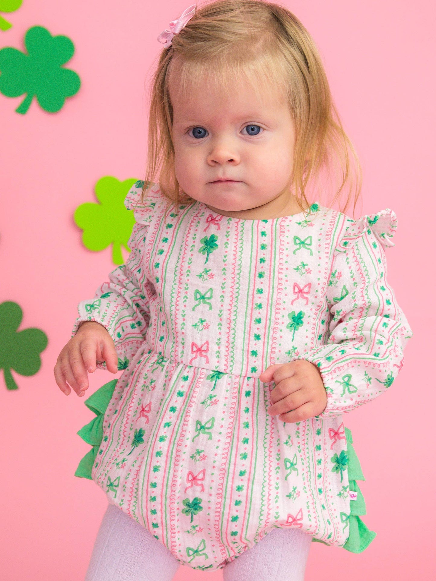 Baby Girls Clover Bows & Wishes Cotton Gauze Long Sleeve Flutter Bubble Romper