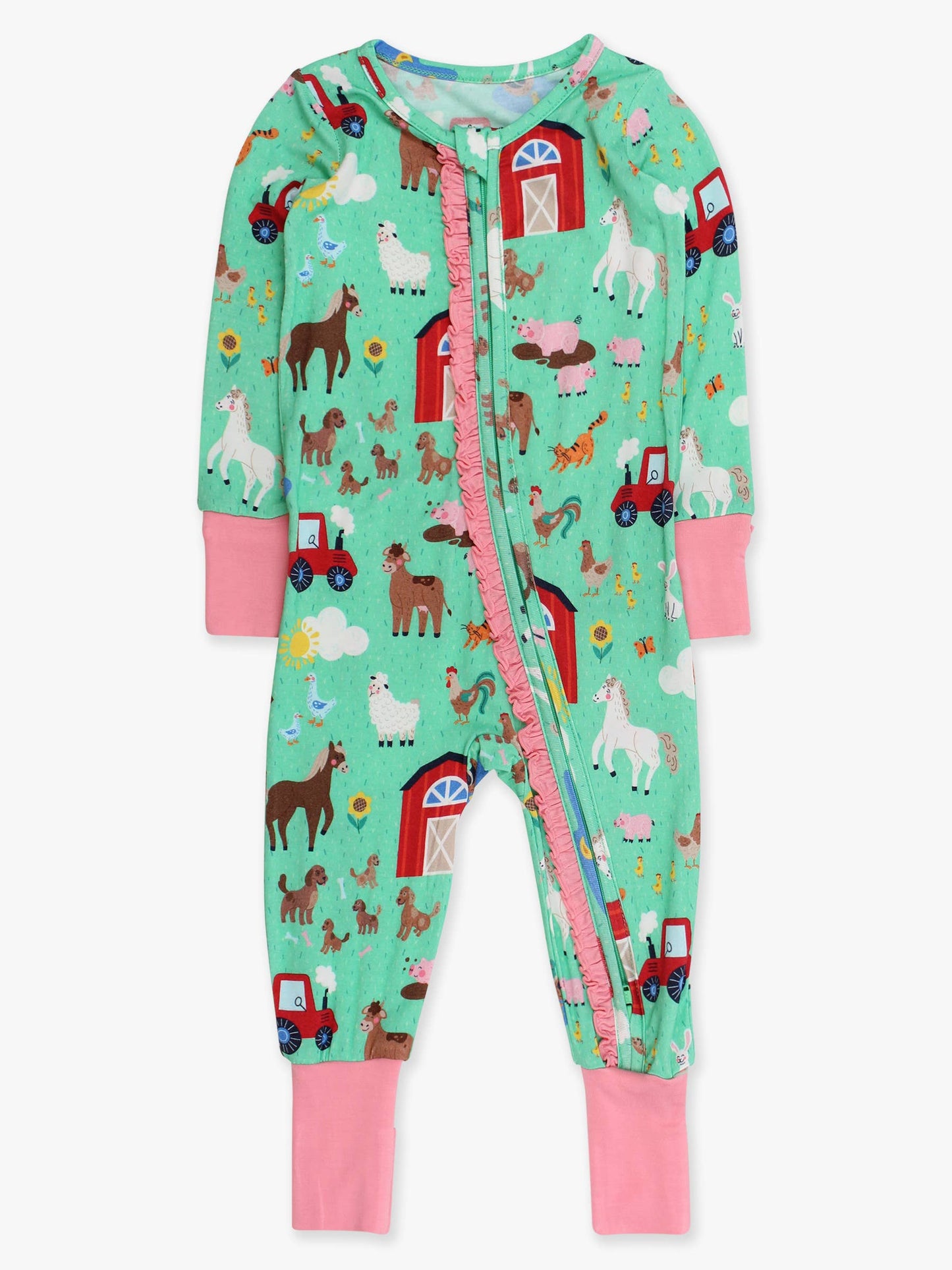 SoftSnooze™ Baby Girls Bamboo Viscose Farm Friends Convertible Ruffle One Piece Footie Pajama