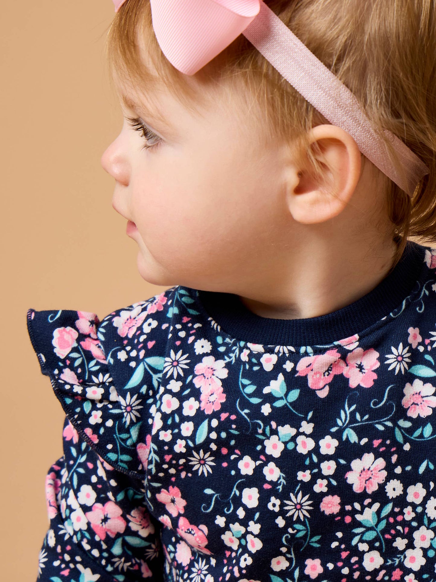 Baby Girls Moonlit Meadow Sweatshirt Bubble Romper with Signature Rear Ruffles