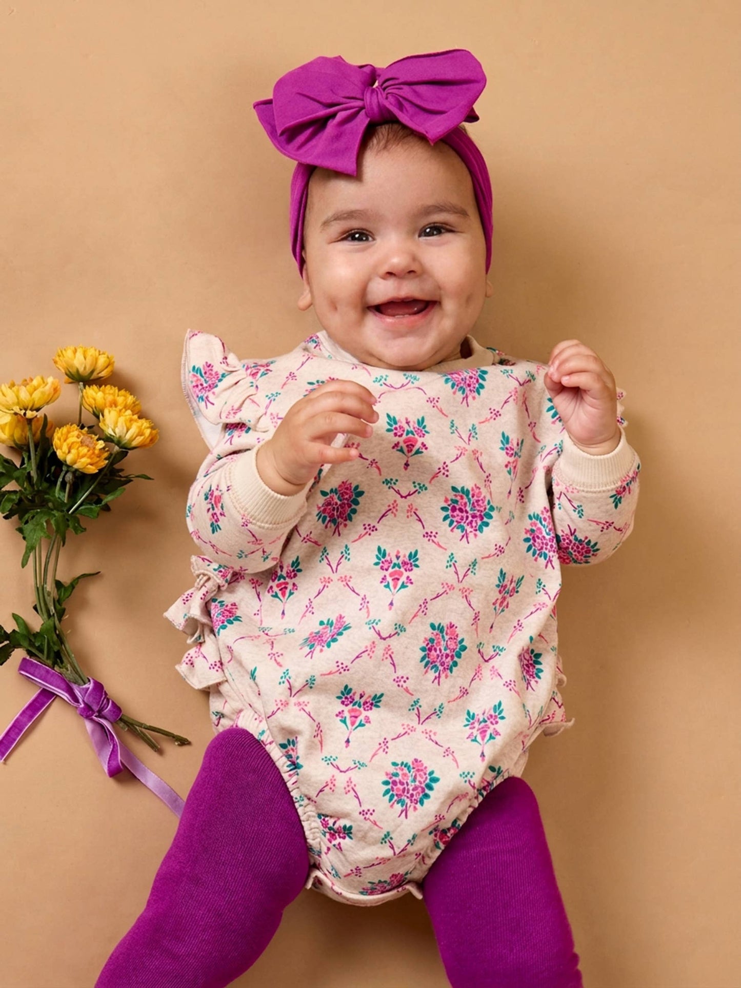Baby Girls Heather Oatmeal Bouquets Sweatshirt Bubble Romper with Signature Rear Ruffles