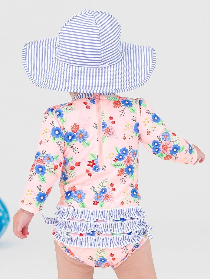 Baby Girls Coastal Breeze Floral Long Sleeve One Piece Rash Guard Swimsuit with Signature Rear Ruffles