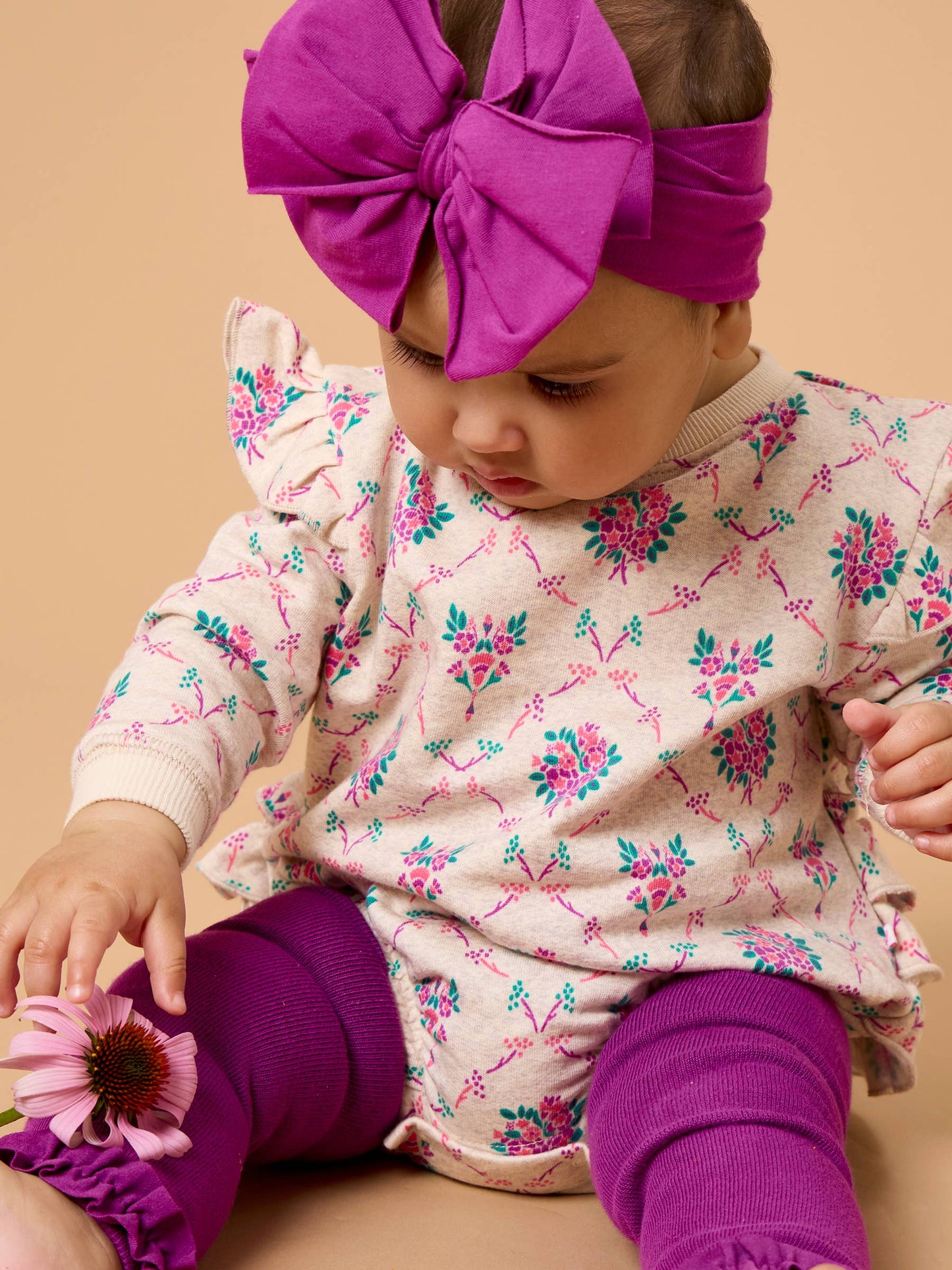 Baby Girls Heather Oatmeal Bouquets Sweatshirt Bubble Romper with Signature Rear Ruffles