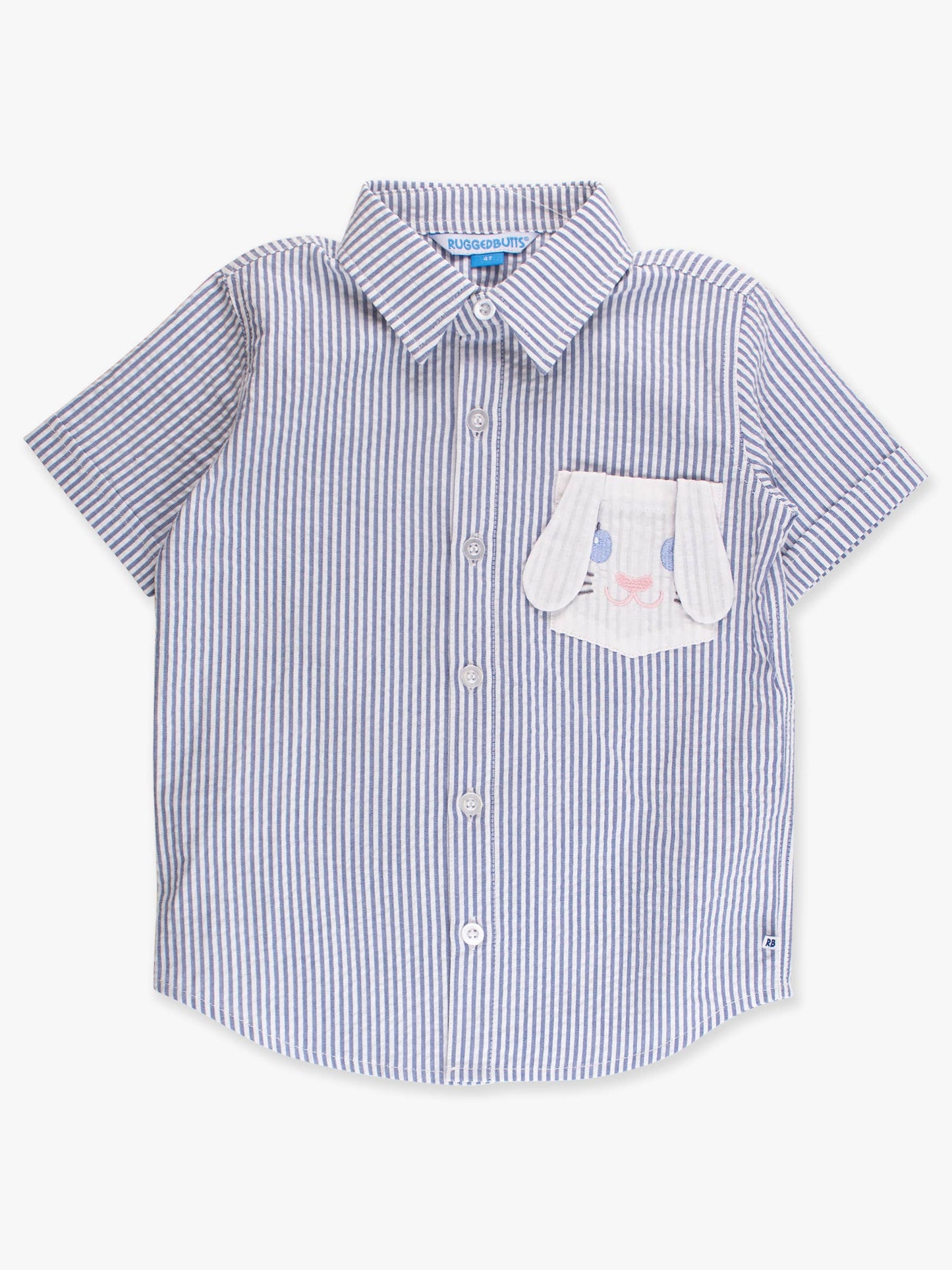 Boys Blue Bunny Ears Seersucker Embroidered Pocket Short Sleeve Button Down Shirt