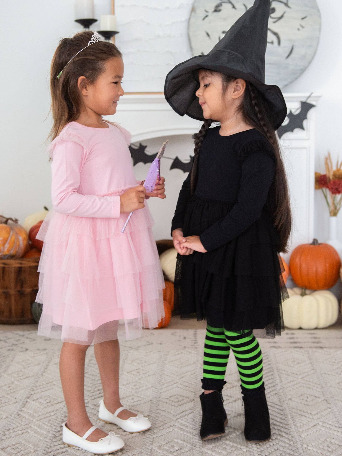 Girls Green & Black Stripe Patterned Footless Ruffle Tights