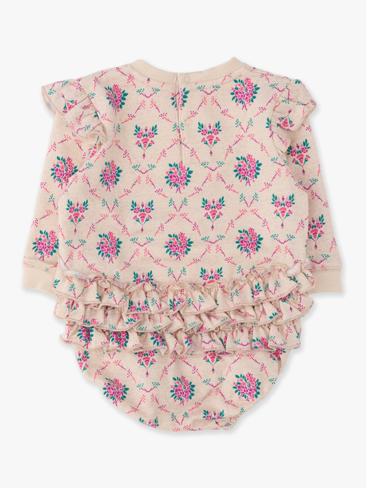 Baby Girls Heather Oatmeal Bouquets Sweatshirt Bubble Romper with Signature Rear Ruffles
