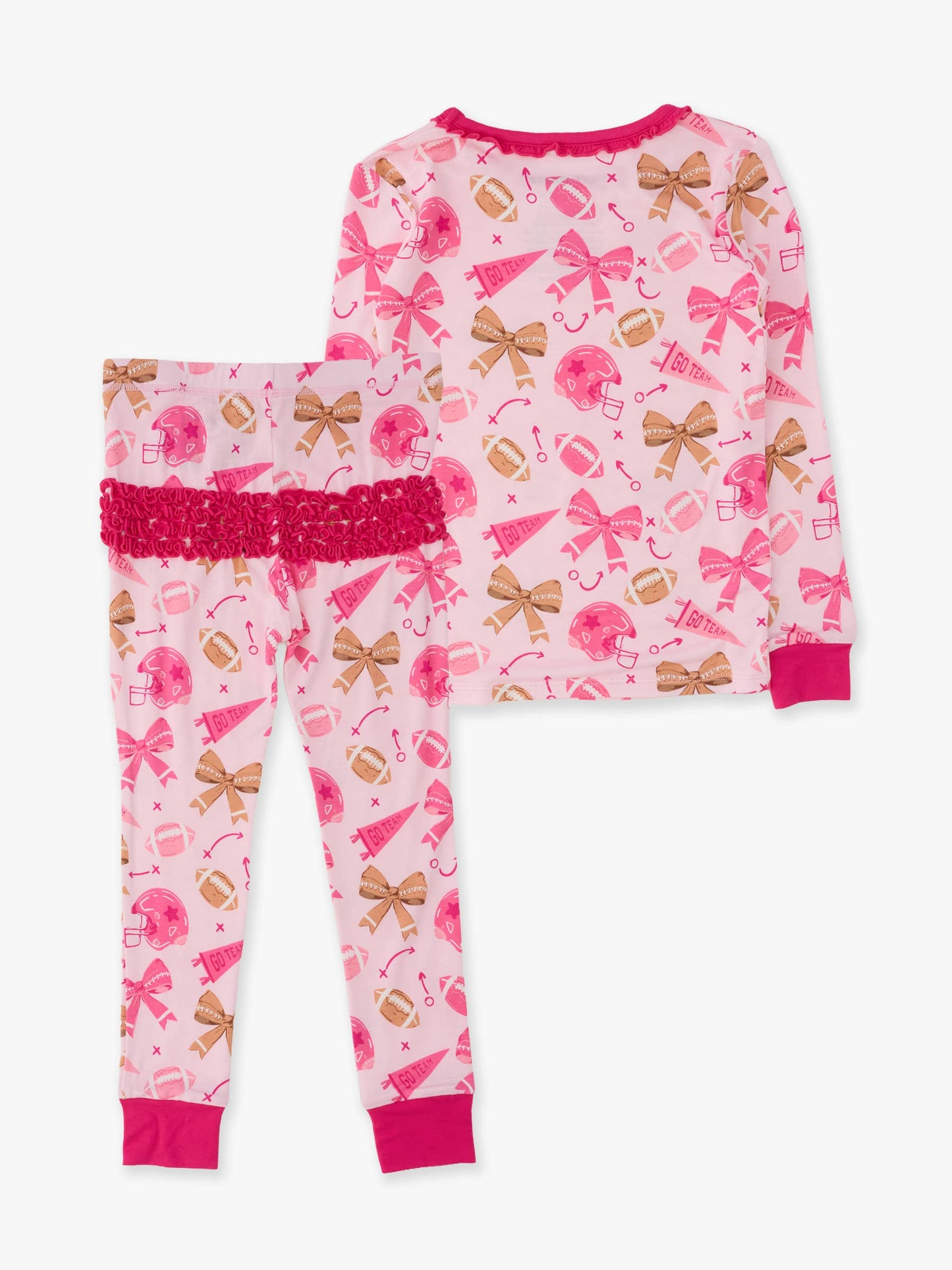 SoftSnooze™ Toddler Girls Bamboo Viscose Footballs & Bows Ruffle Long Sleeve Pajama Set with Signature Rear Ruffles