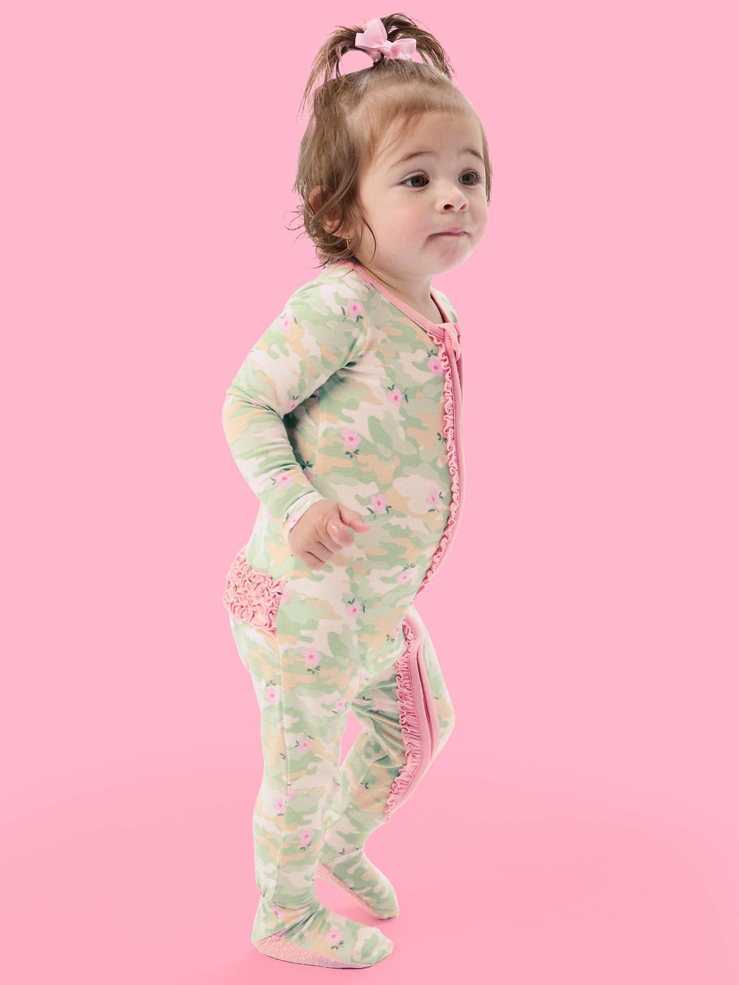 SoftSnooze™ Baby Girls Cotton Modal Sage Blossom Camo Footed Ruffle One Piece Pajama