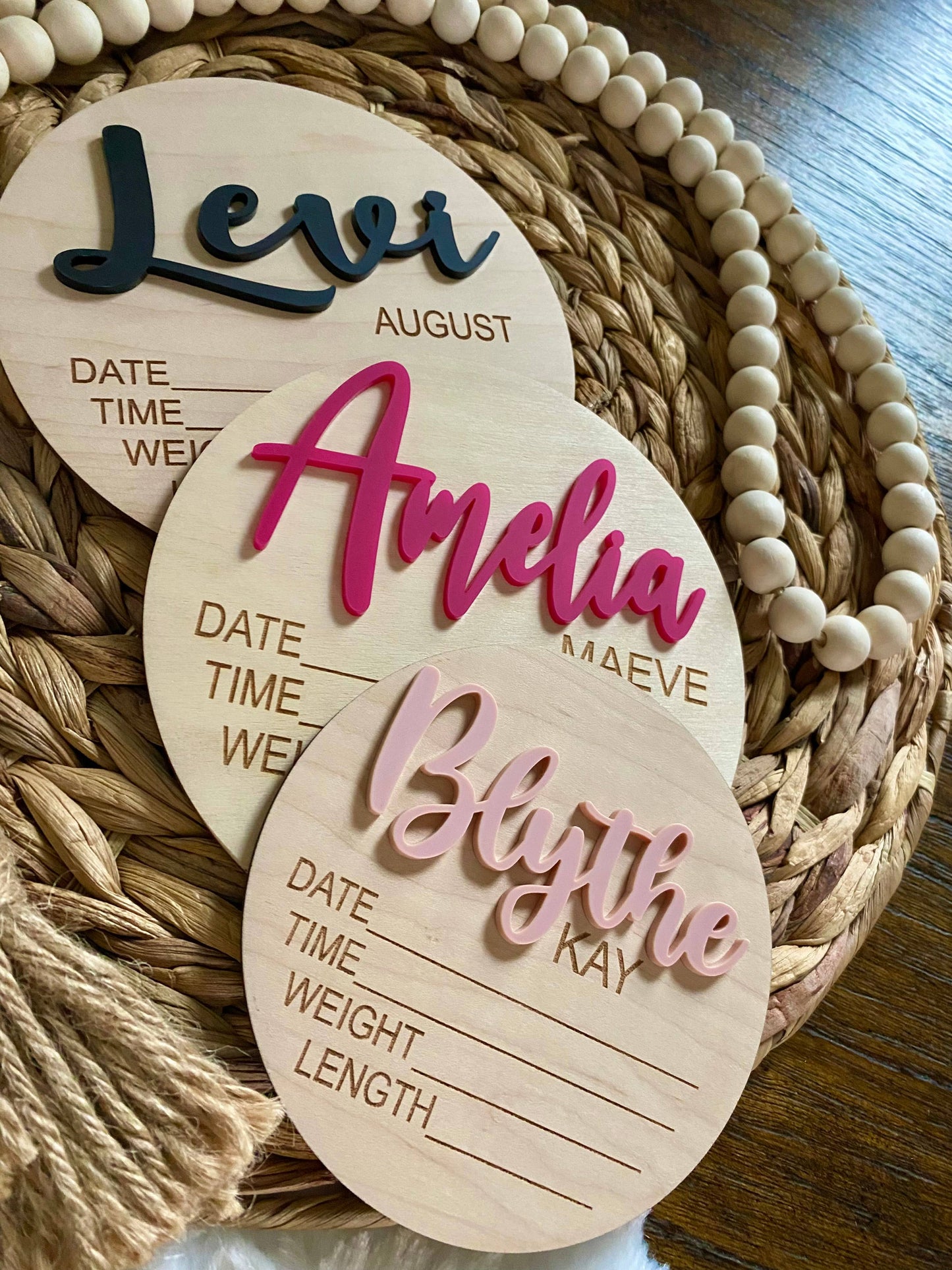 CUSTOM NAME Birth Stat Announcement Wood Disc - Layered 3D