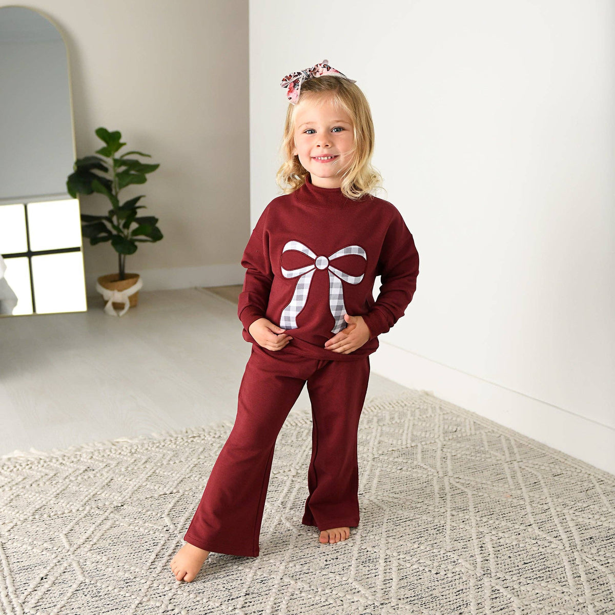 Maroon MOCKNECK FLARE SWEATSUIT Gingham Bow Kids Set