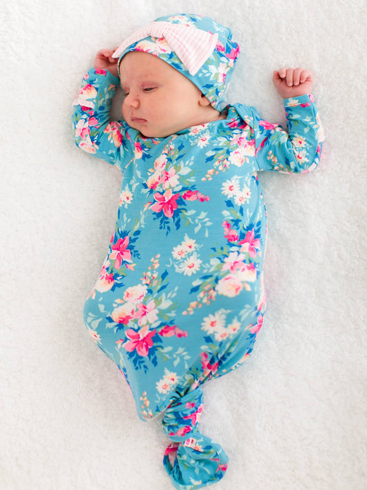 SoftSnooze™ Baby Girls Bamboo Viscose Fancy Me Floral Ruffle Knotted Sleep Gown & Bow Hat Set