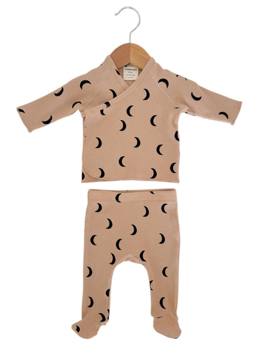 Organic Waffle Kimono & Pant Set, Tan/Black Moon