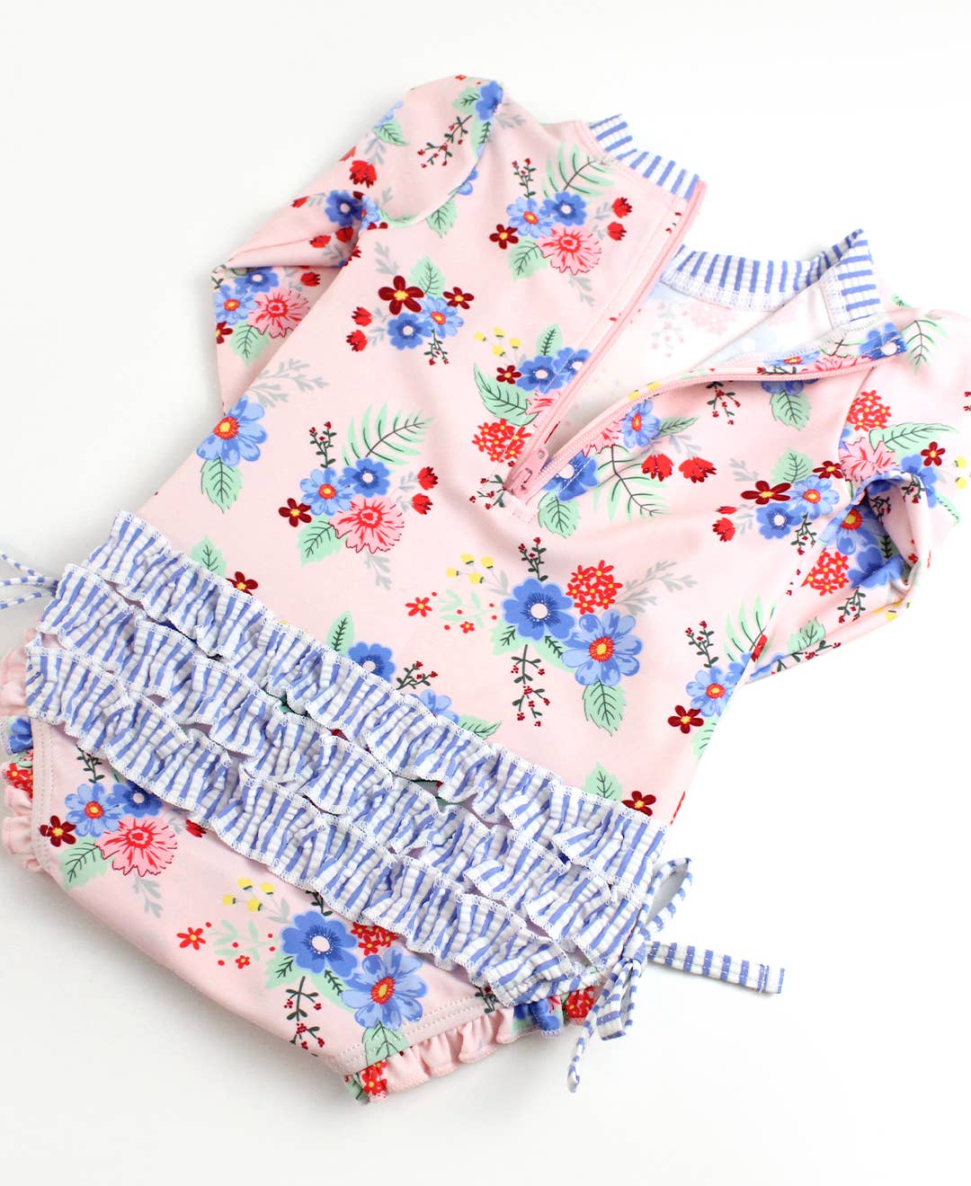 Baby Girls Coastal Breeze Floral Long Sleeve One Piece Rash Guard Swimsuit with Signature Rear Ruffles