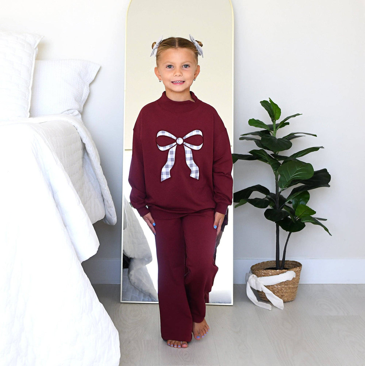 Maroon MOCKNECK FLARE SWEATSUIT Gingham Bow Kids Set