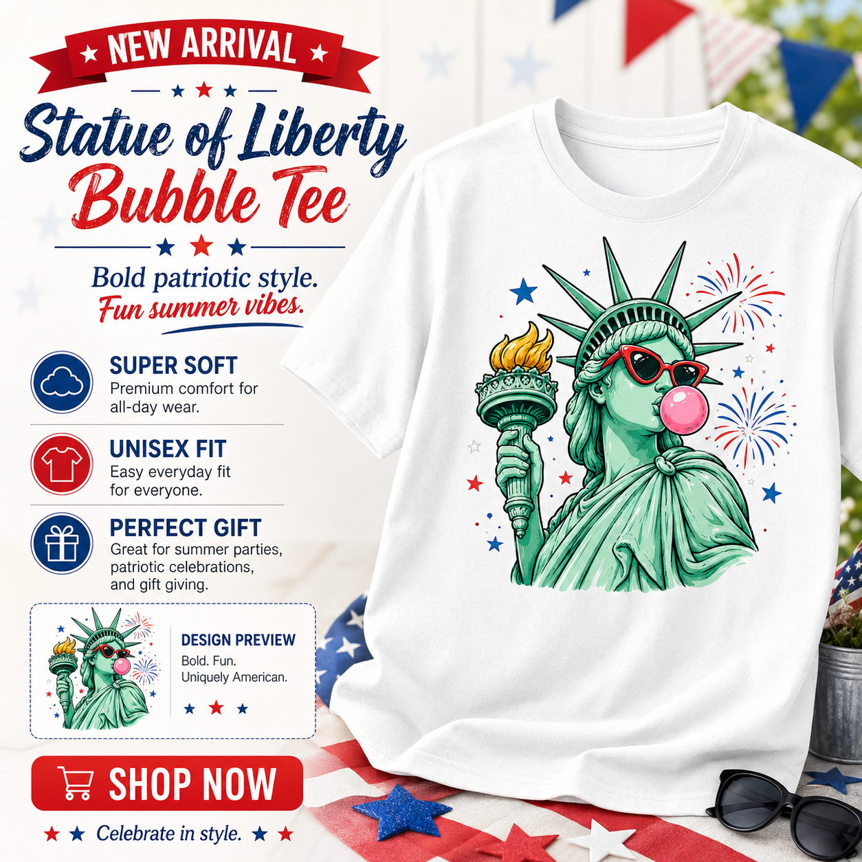 Statue Of Liberty Bubble Gum Kids 4th Of July Graphic Tee, Patriotic Summer Shirt