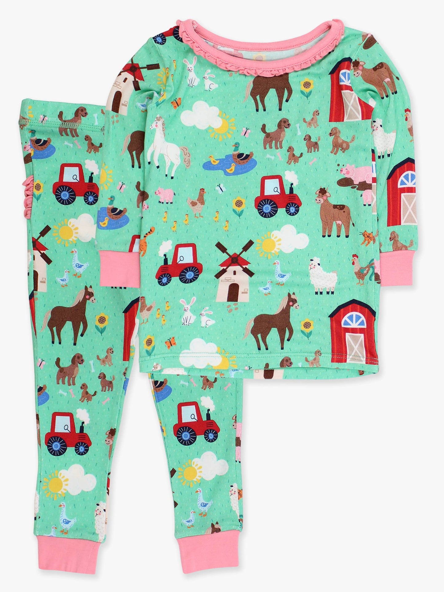 SoftSnooze™ Toddler Girls Bamboo Viscose Farm Friends Ruffle Long Sleeve Pajama Set with Signature Rear Ruffles